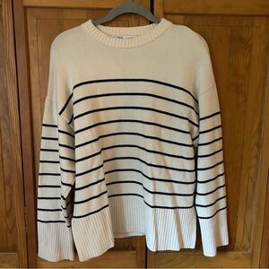 Zara Cream and Black Striped Crew Neck Sweater